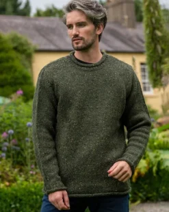 Fashion Sweater Shop 100% Donegal Wool Roll Neck Sweater Olive Green