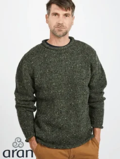 Fashion Sweater Shop 100% Donegal Wool Roll Neck Sweater Olive Green