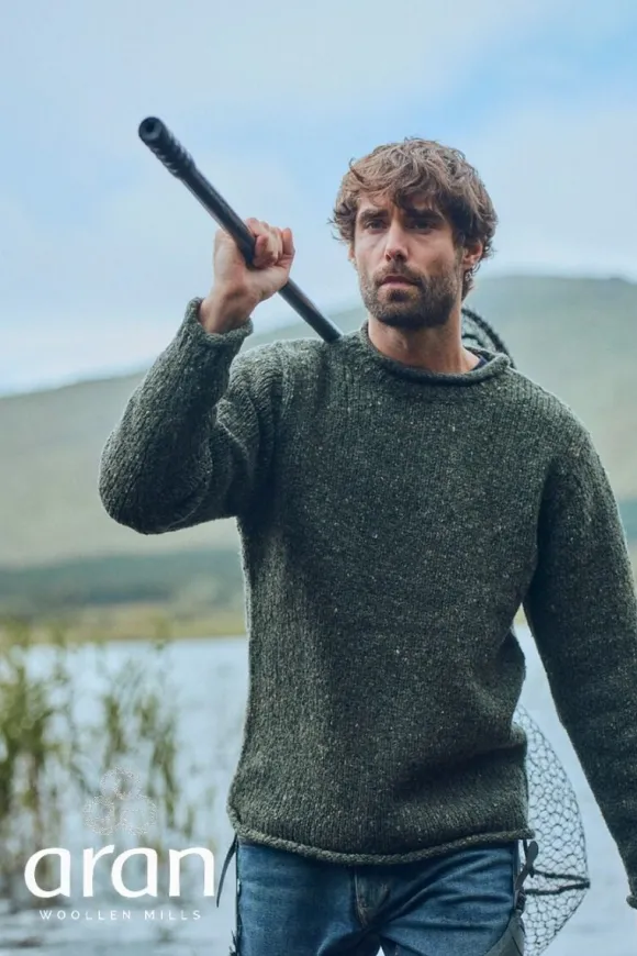 Fashion Sweater Shop 100% Donegal Wool Roll Neck Sweater Olive Green