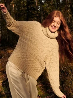 Outlet Sweater Shop 100% Fine Merino Wool Cable Polo Neck Beige
