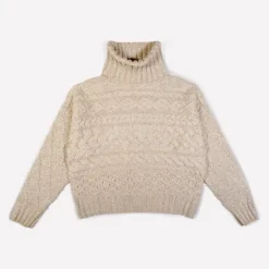 Outlet Sweater Shop 100% Fine Merino Wool Cable Polo Neck Beige