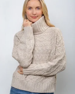 Outlet Sweater Shop 100% Fine Merino Wool Cable Polo Neck Beige