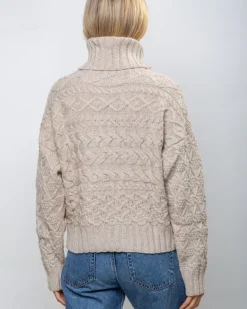 Outlet Sweater Shop 100% Fine Merino Wool Cable Polo Neck Beige