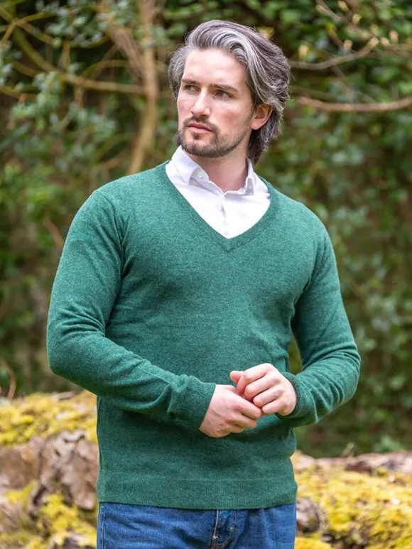 New Sweater Shop 100% Lambswool V Neck Green Melange