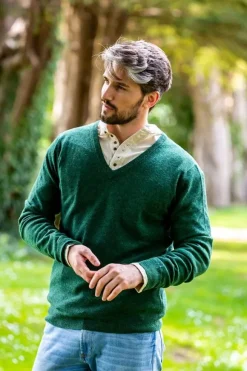 New Sweater Shop 100% Lambswool V Neck Green Melange
