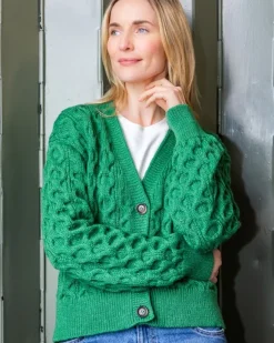 New Sweater Shop 100% Merino Wool Cropped Aran Cardigan - Kiwi