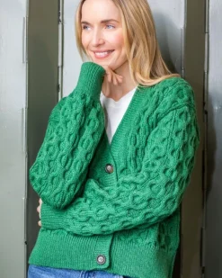 New Sweater Shop 100% Merino Wool Cropped Aran Cardigan - Kiwi