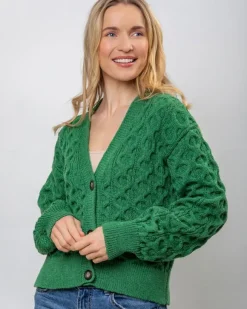 New Sweater Shop 100% Merino Wool Cropped Aran Cardigan - Kiwi