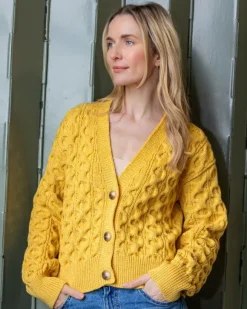 New Sweater Shop 100% Merino Wool Cropped Aran Cardigan - Yellow