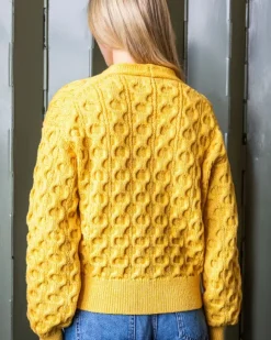 New Sweater Shop 100% Merino Wool Cropped Aran Cardigan - Yellow