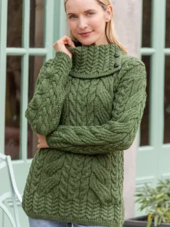 Fashion Sweater Shop 100% Super Soft Merino Wool Cowl Neck with Buttons Green