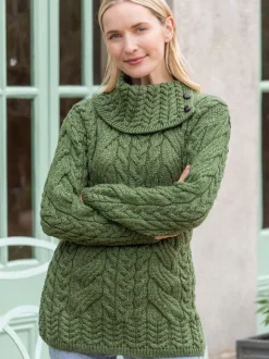 Fashion Sweater Shop 100% Super Soft Merino Wool Cowl Neck with Buttons Green
