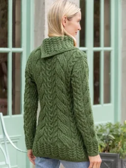 Fashion Sweater Shop 100% Super Soft Merino Wool Cowl Neck with Buttons Green