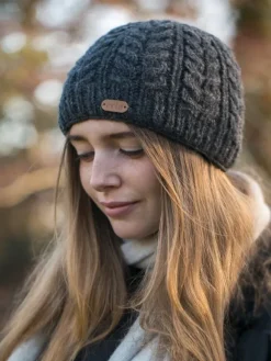Outlet Sweater Shop 100% Wool Fully Lined Aran Pull on Hat Charcoal