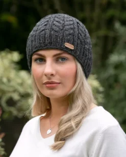Outlet Sweater Shop 100% Wool Fully Lined Aran Pull on Hat Charcoal