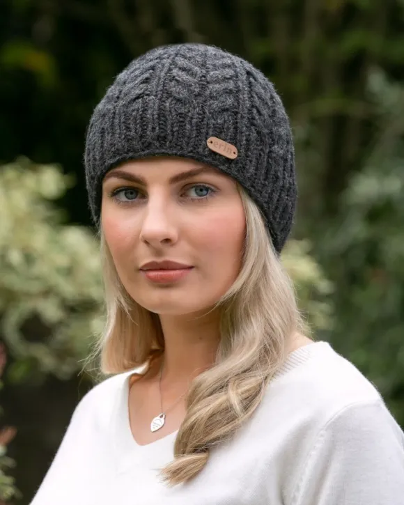 Outlet Sweater Shop 100% Wool Fully Lined Aran Pull on Hat Charcoal