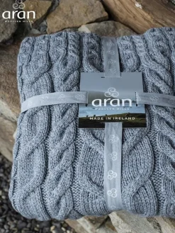 Discount Sweater Shop Aran Cable Knit Blanket Super Soft Merino Grey/Blue