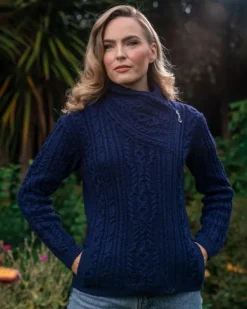 Online Sweater Shop Aran Cable Knit Side Zip Deep Water Blue