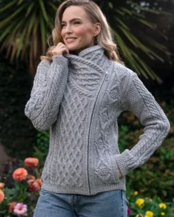 Clearance Sweater Shop Aran Cable Knit Side Zip Silver Grey
