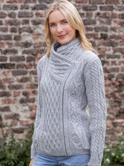 Clearance Sweater Shop Aran Cable Knit Side Zip Silver Grey