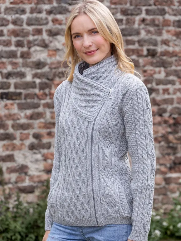 Clearance Sweater Shop Aran Cable Knit Side Zip Silver Grey