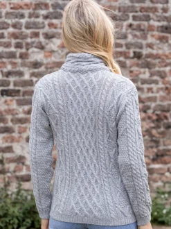 Clearance Sweater Shop Aran Cable Knit Side Zip Silver Grey