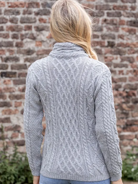 Clearance Sweater Shop Aran Cable Knit Side Zip Silver Grey