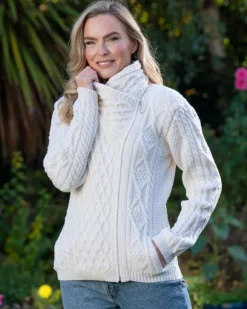 Discount Sweater Shop Aran Cable Knit Side Zip Natural