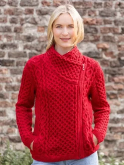 New Sweater Shop Aran Cable Knit Side Zip - Raspberry