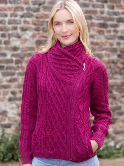 New Sweater Shop Aran Cable Knit Side Zip - Raspberry