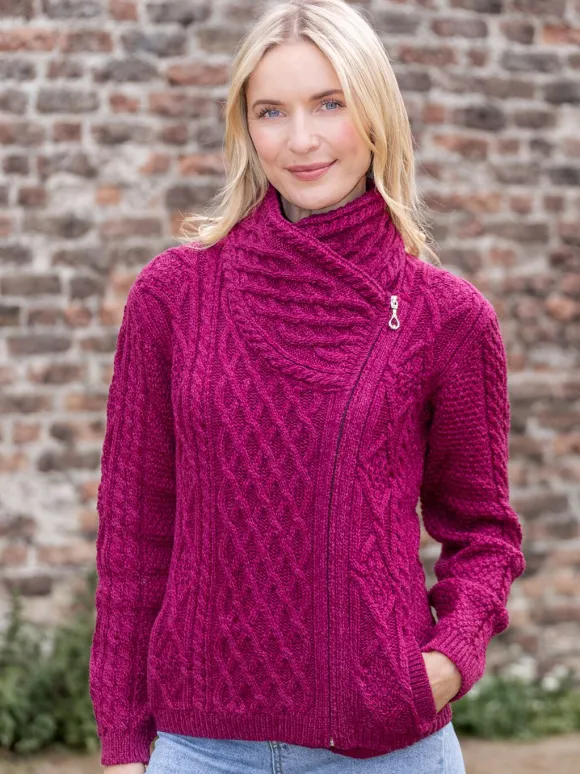 New Sweater Shop Aran Cable Knit Side Zip - Raspberry