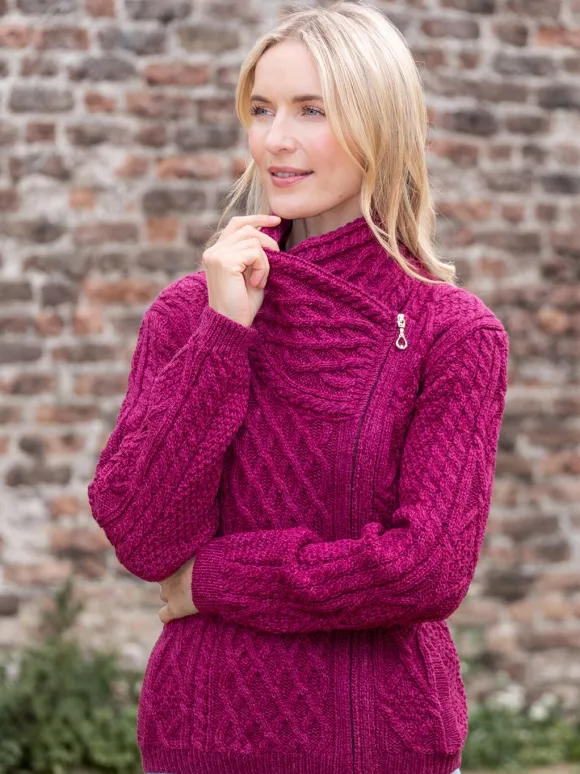 New Sweater Shop Aran Cable Knit Side Zip - Raspberry