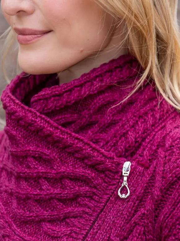 New Sweater Shop Aran Cable Knit Side Zip - Raspberry