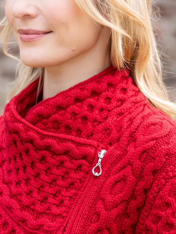 New Sweater Shop Aran Cable Knit Side Zip - Raspberry