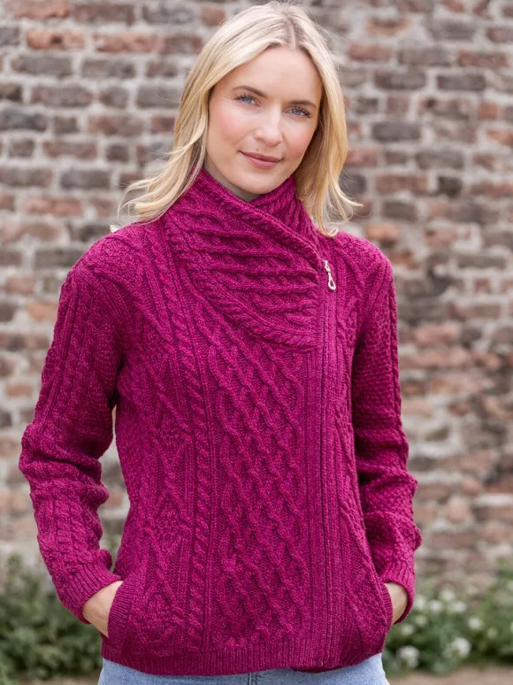 New Sweater Shop Aran Cable Knit Side Zip - Raspberry