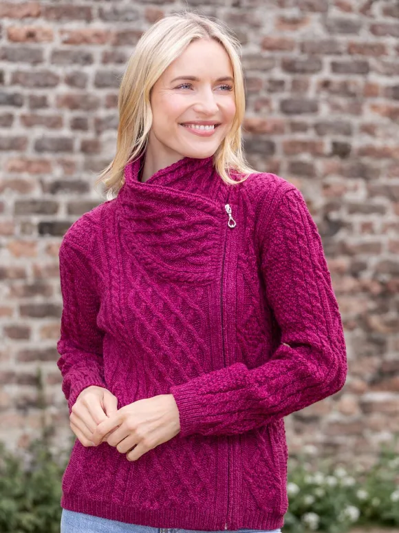 New Sweater Shop Aran Cable Knit Side Zip - Raspberry