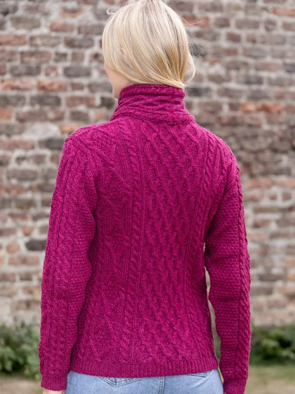 New Sweater Shop Aran Cable Knit Side Zip - Raspberry