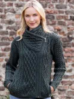 Outlet Sweater Shop Aran Cable Knit Side Zip Army Green