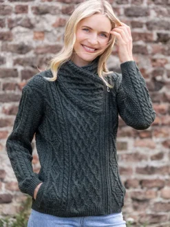 Outlet Sweater Shop Aran Cable Knit Side Zip Army Green