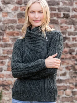 Outlet Sweater Shop Aran Cable Knit Side Zip Army Green