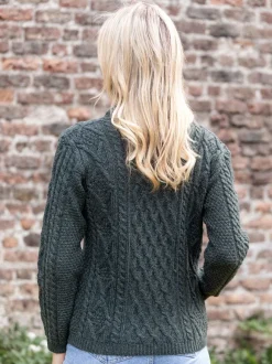 Outlet Sweater Shop Aran Cable Knit Side Zip Army Green