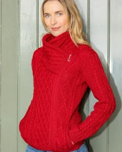 Hot Sweater Shop Aran Cable Knit Size Zip - Red