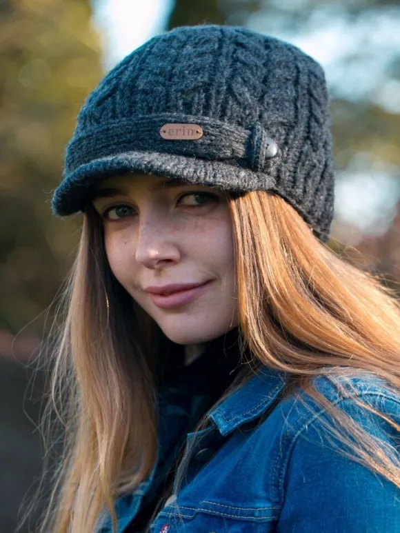 Outlet Sweater Shop Aran Cable Peak Hat Lined Charcoal