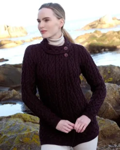 Clearance Sweater Shop Aran Cardigan with Side Buttons Damson