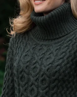 Hot Sweater Shop Aran Cowl Neck Merino Wool Army Green