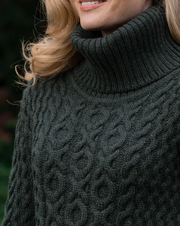 Hot Sweater Shop Aran Cowl Neck Merino Wool Army Green