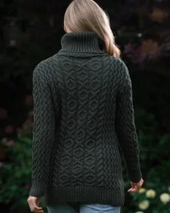 Hot Sweater Shop Aran Cowl Neck Merino Wool Army Green
