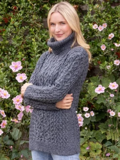 Outlet Sweater Shop Aran Cowl Neck Merino Wool Sweater Slate