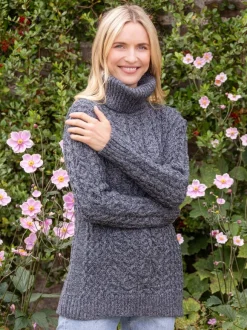 Outlet Sweater Shop Aran Cowl Neck Merino Wool Sweater Slate