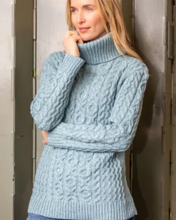 Hot Sweater Shop Aran Cowl Neck Merino Wool Aqua